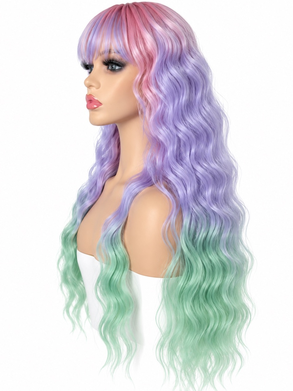 Pastel Pink, Lavender & Mint Long Wavy Wig with Bangs 24 inches long
